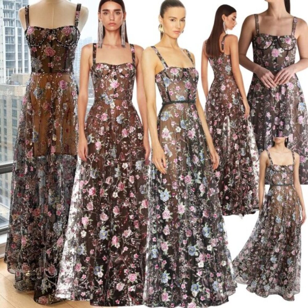🆕 BRONX & BANCO 🧿 NWOT Midnight Embroidered Floral & Pearl Gown, Sz XS US 2